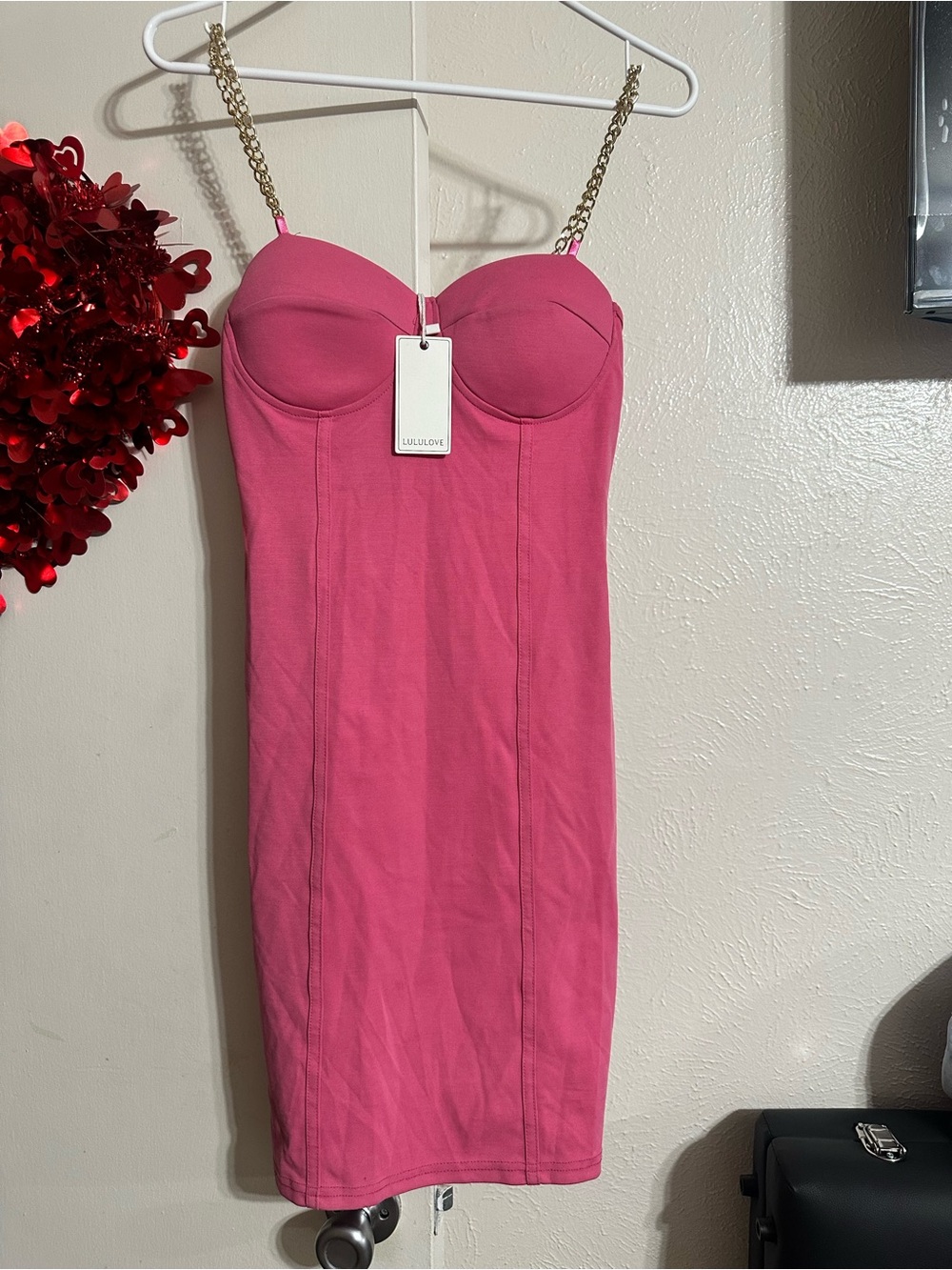 Lulu's Hot Pink Chain-Strap Bodycon Mini Dress
